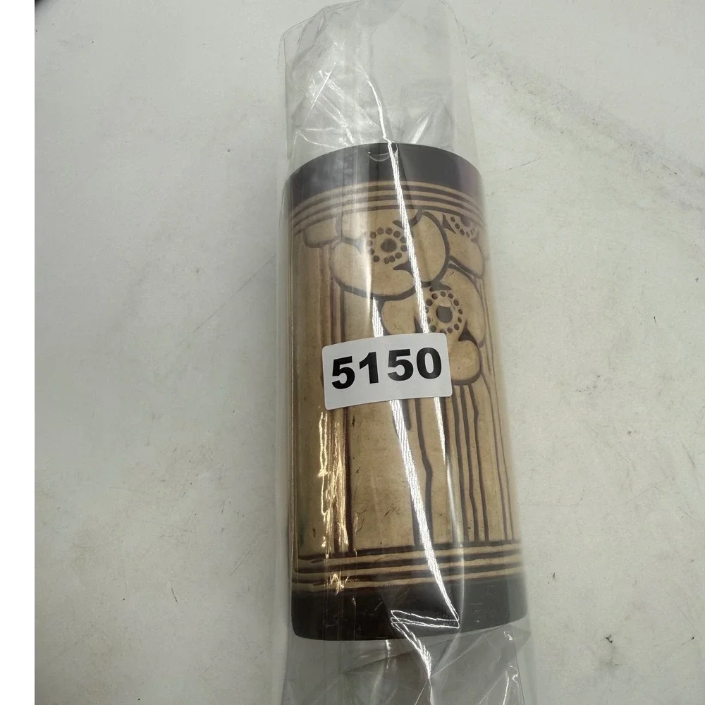 Vintage Studio Pottery Floral Relief Stoneware Cylinder Vase Beige Brown 7.5in